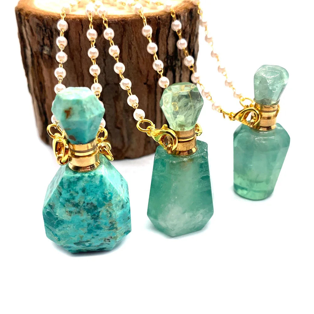 Natural Stone Green Fluorite Perfume Bottle Fashion Necklace