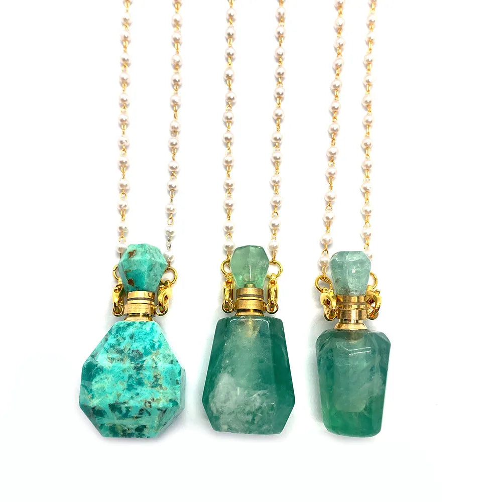 Natural Stone Green Fluorite Perfume Bottle Fashion Necklace