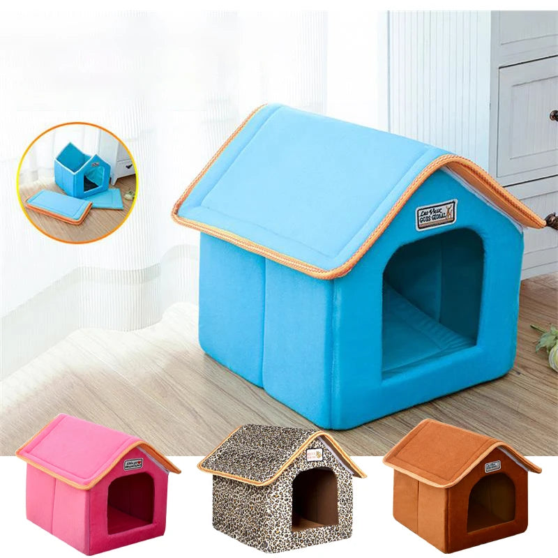 Small/Medium Foldable Winter Pet House With Soft Leopard Sofa Cushion