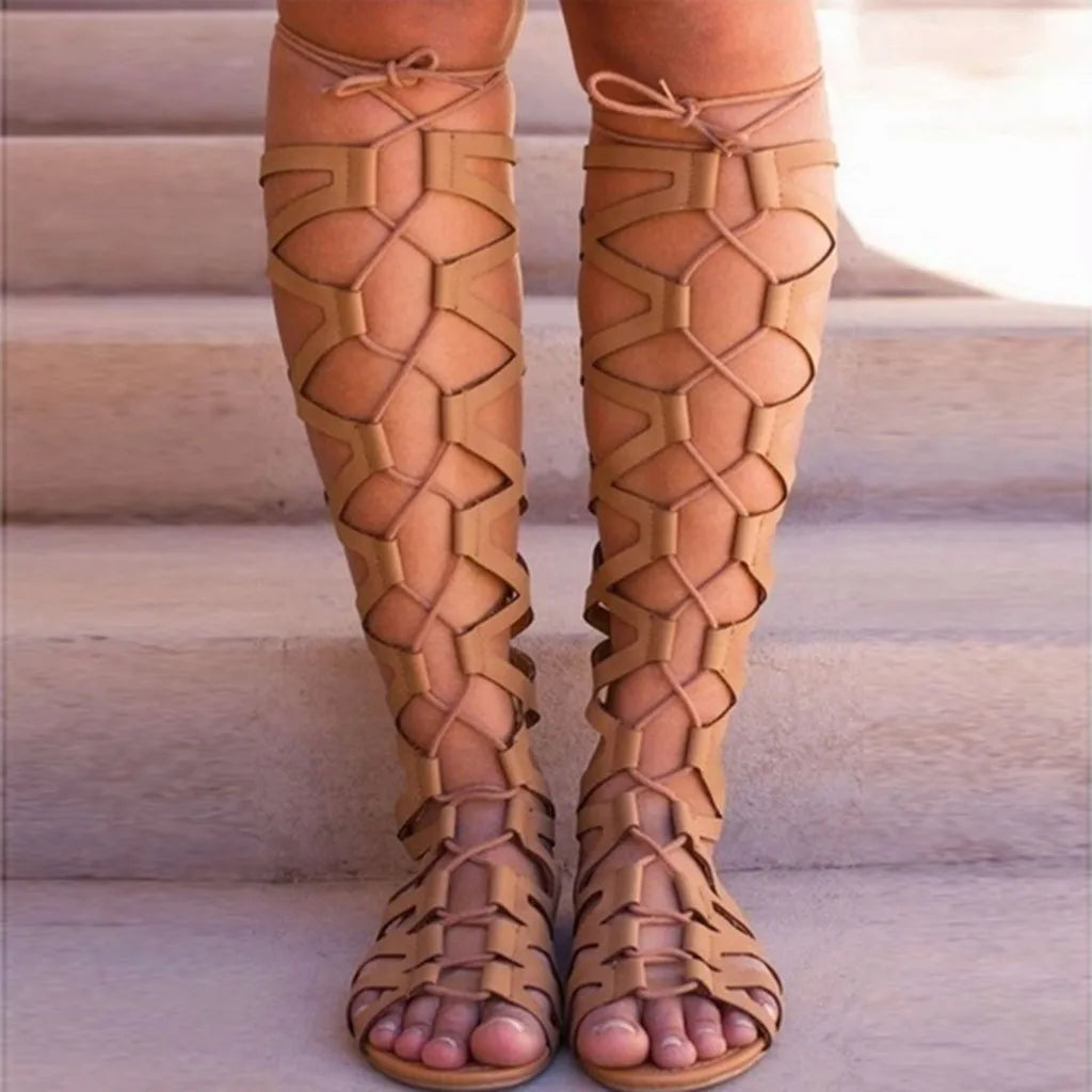 Women's Roman Gladiator Bandage Knee High Flat