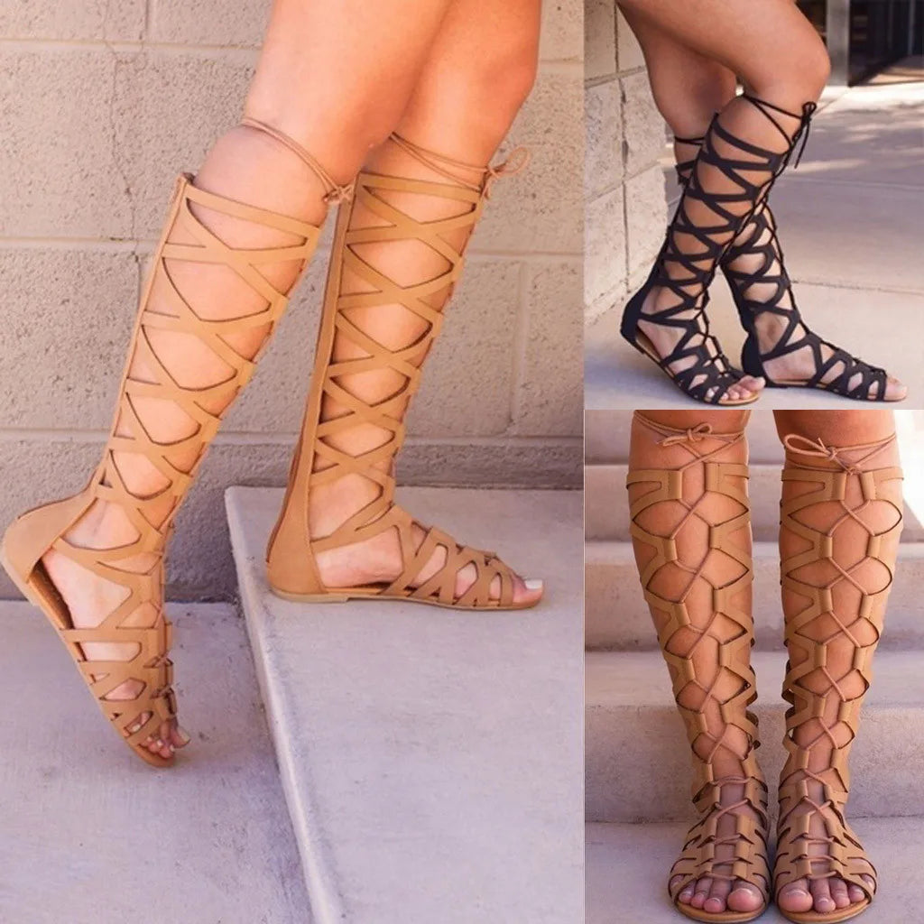 Women's Roman Gladiator Bandage Knee High Flat