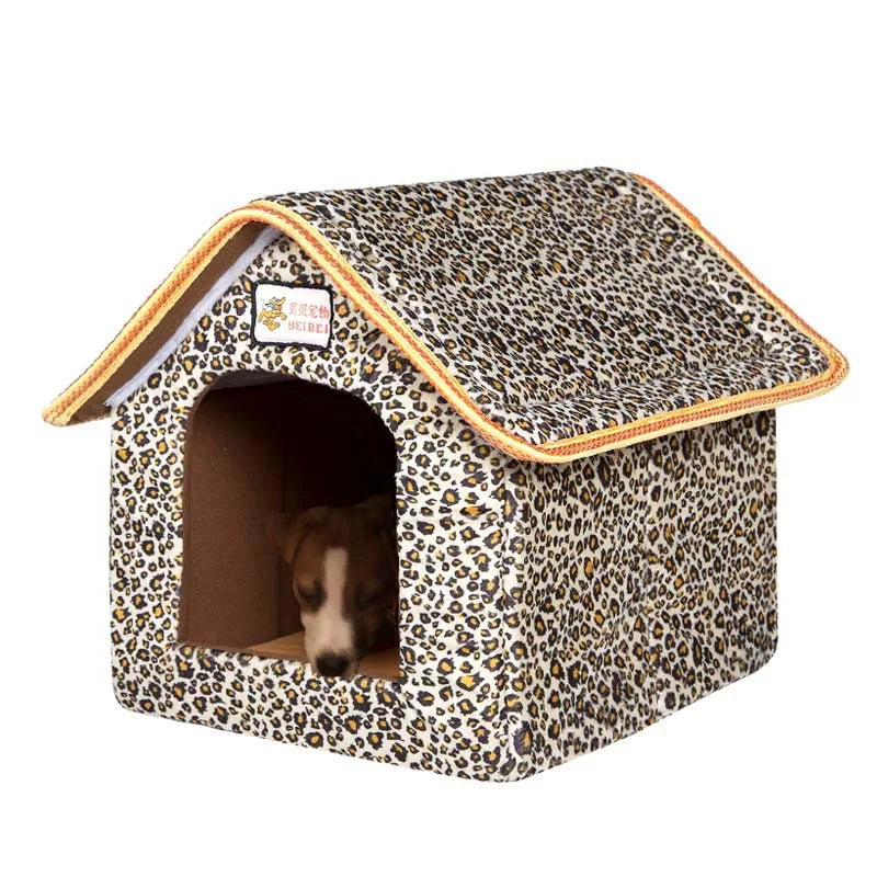 Small/Medium Foldable Winter Pet House With Soft Leopard Sofa Cushion