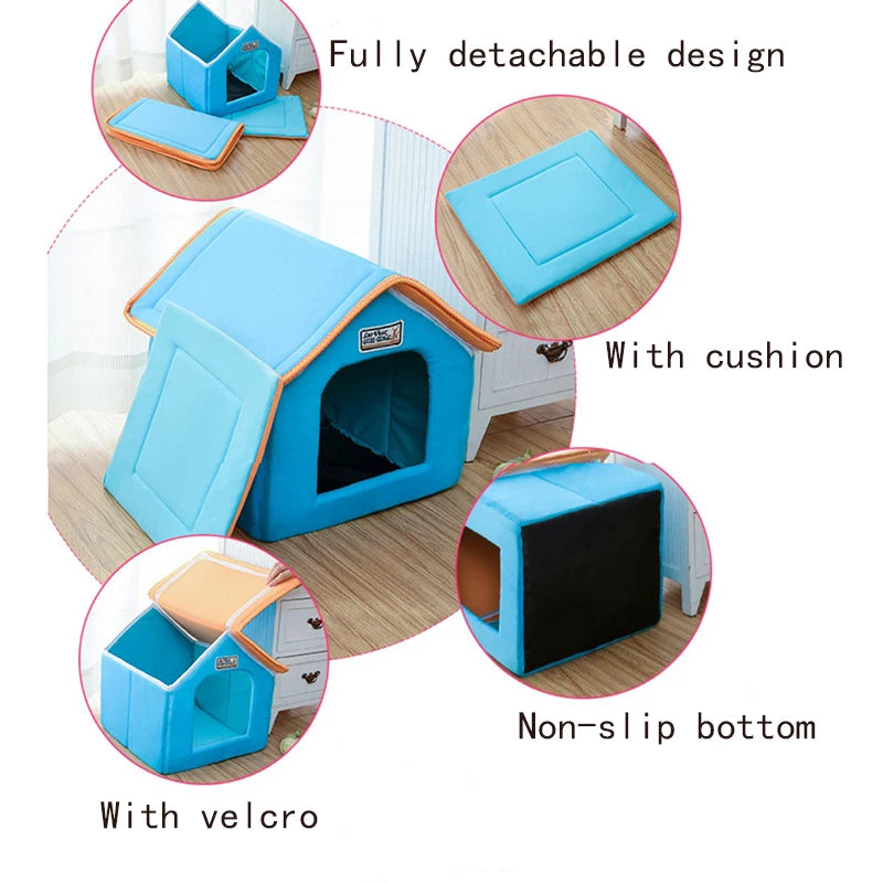 Small/Medium Foldable Winter Pet House With Soft Leopard Sofa Cushion