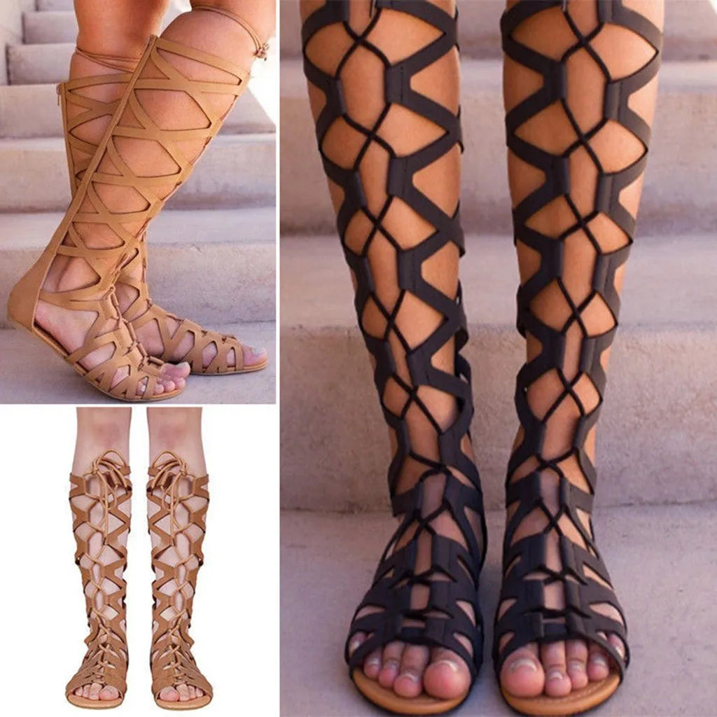 Women's Roman Gladiator Bandage Knee High Flat