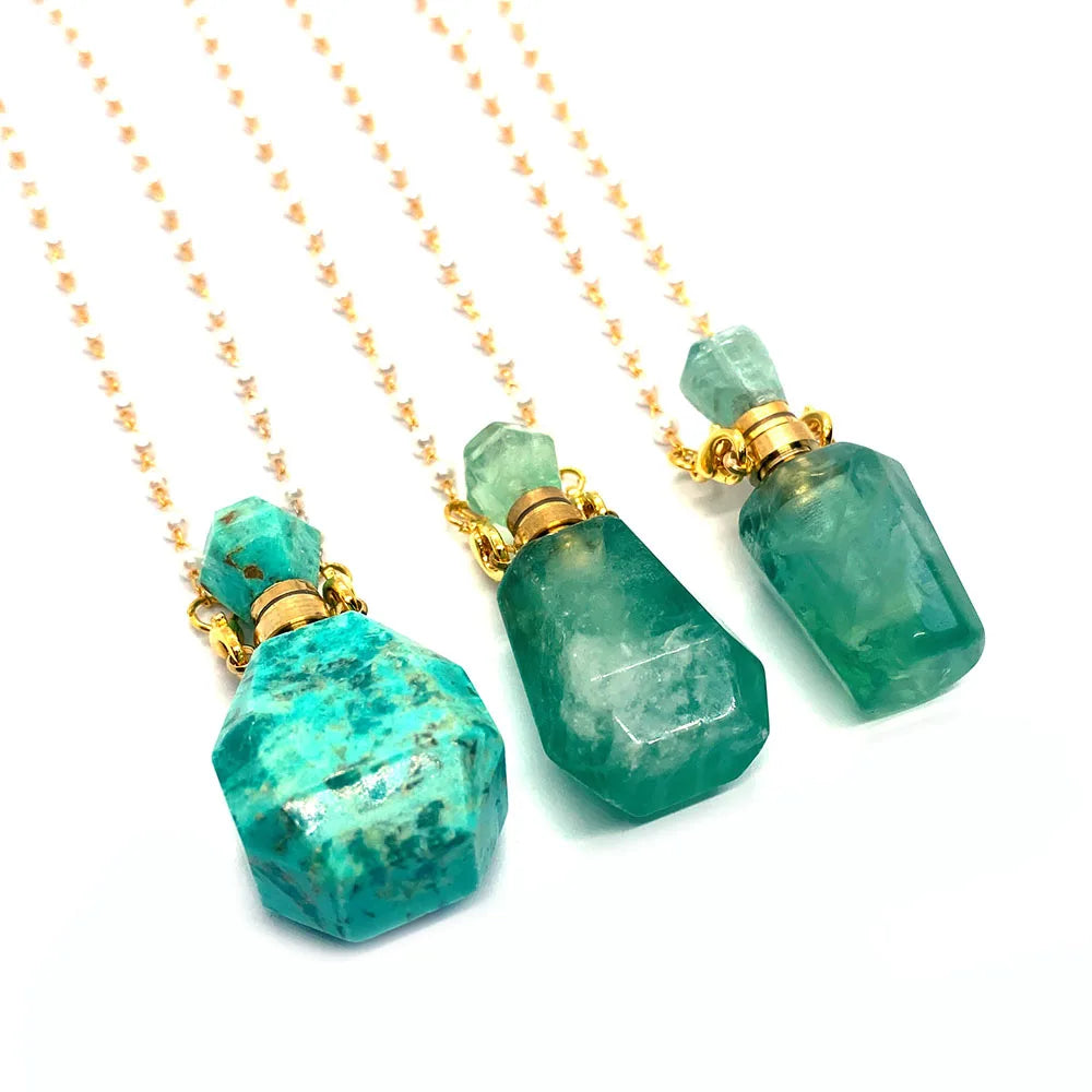 Natural Stone Green Fluorite Perfume Bottle Fashion Necklace