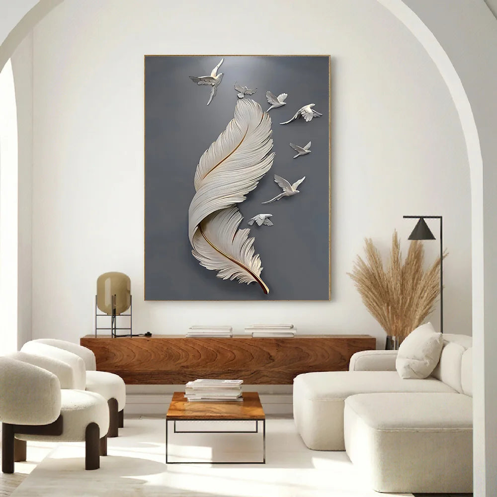 3D Effect Feather Pigeon Canvas Painting Modern Wall Art