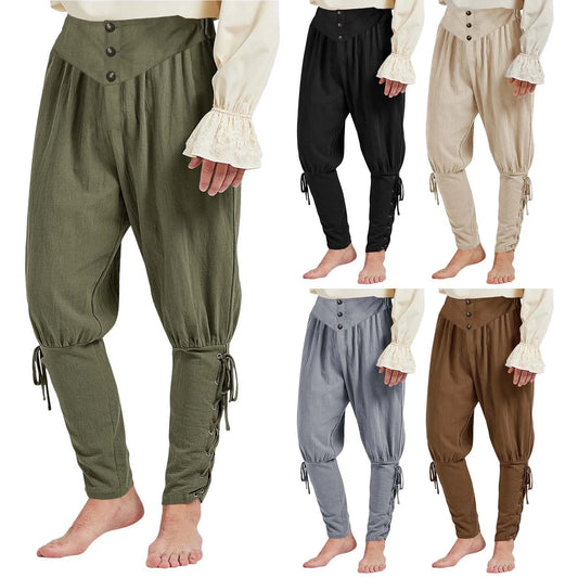 Men's Medieval Ankle Pants Lace Up Tapered Halloween Linen Costume Trousers