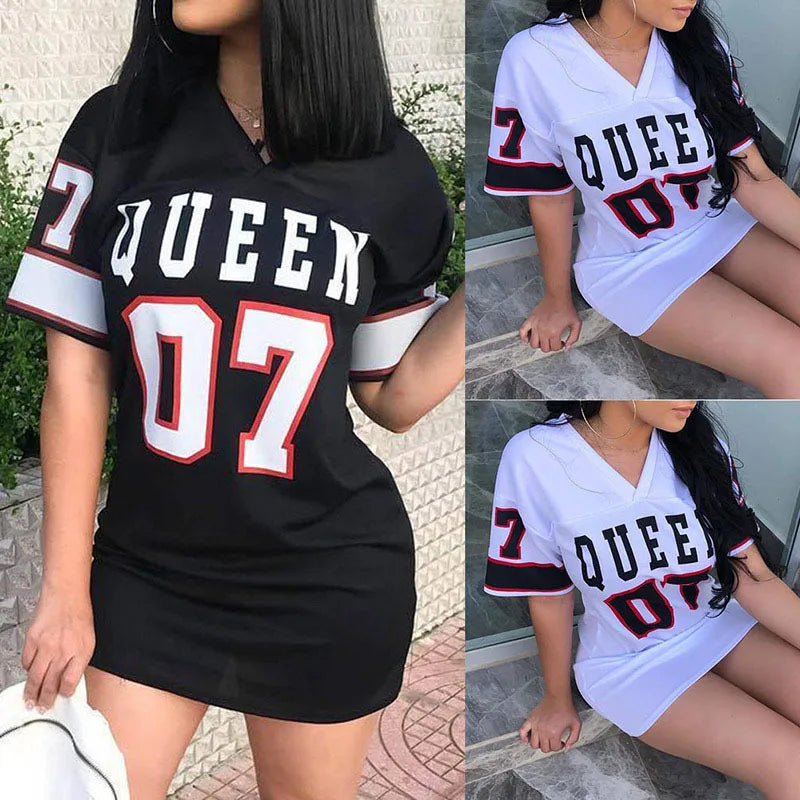 V-Neck Queen Letters Print Dress Short Sleeve Basketball Sporty