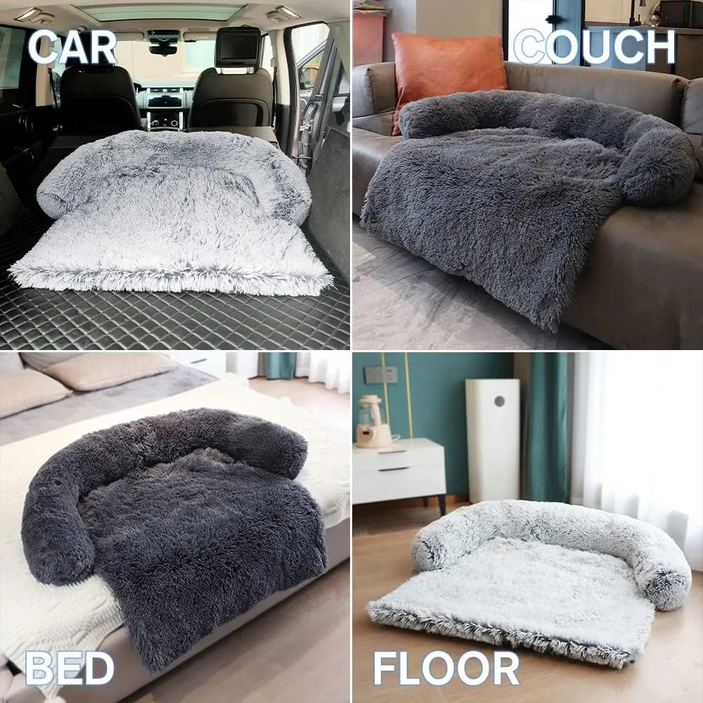 Fluffy plush dog mat for furniture protection with removable washable lid