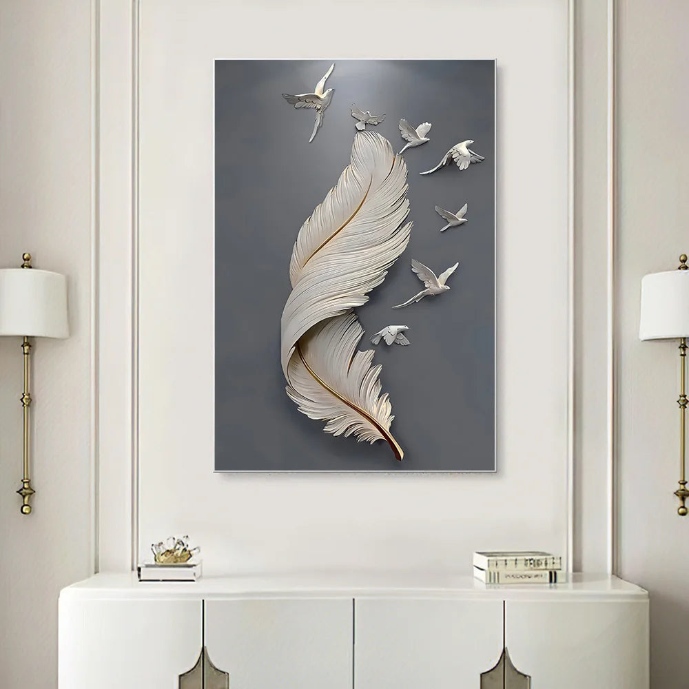 3D Effect Feather Pigeon Canvas Painting Modern Wall Art