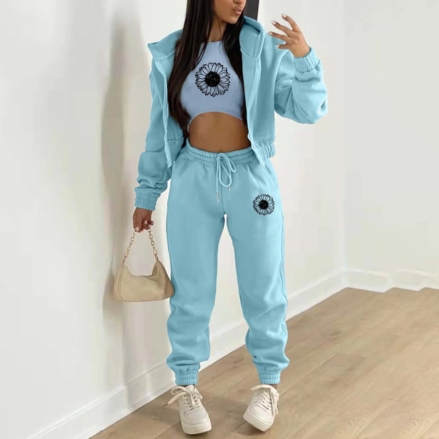 Women's Hooded Sweatshirt+Tank Top+Pants Set