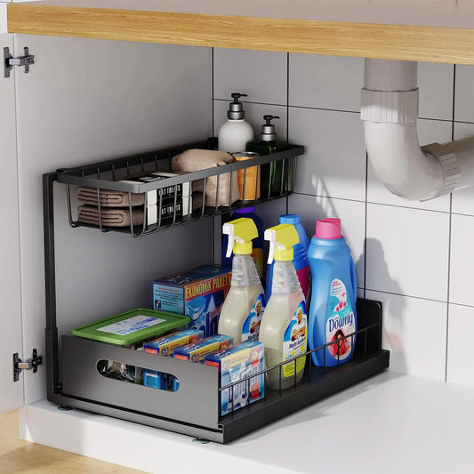 Under Sink 2 Tier Sliding Cabinet Basket Organizer