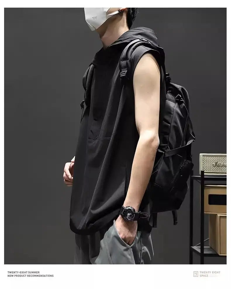 Men's Loose Sleeveless Hooded Casual Pullover Shirt Tess Vest