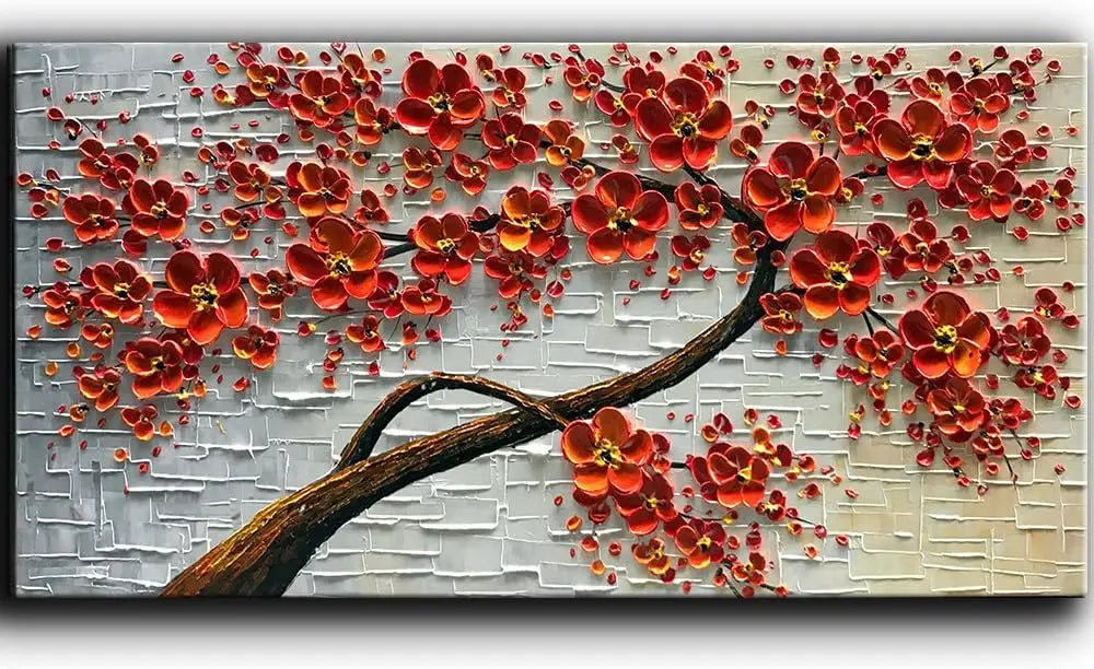 Texture Palette Knife Red Flowers Paintings