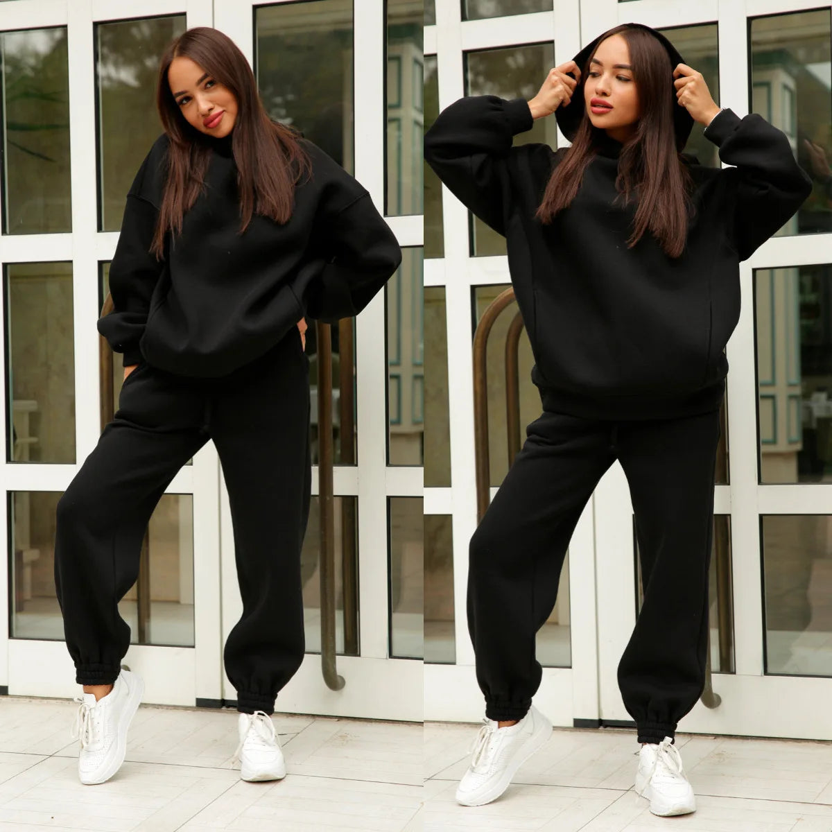 Women Fleece Two Piece Elegant Solid Color Sports Suit