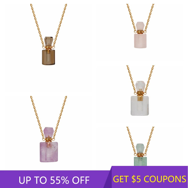 Natural Amethyst Rose Quartz Crystal Perfume Bottle Necklace