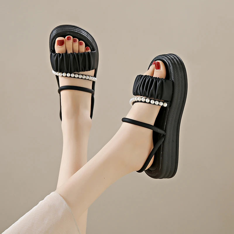 Women Flat Pearls Open Toe Slides