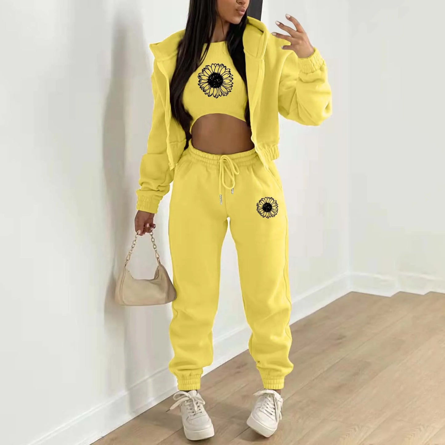 Women's Hooded Sweatshirt+Tank Top+Pants Set