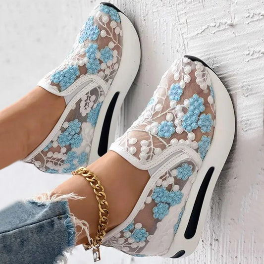 Ladies Flower Embroidery Round Toe Thick Bottom Lace Mesh Sneakers