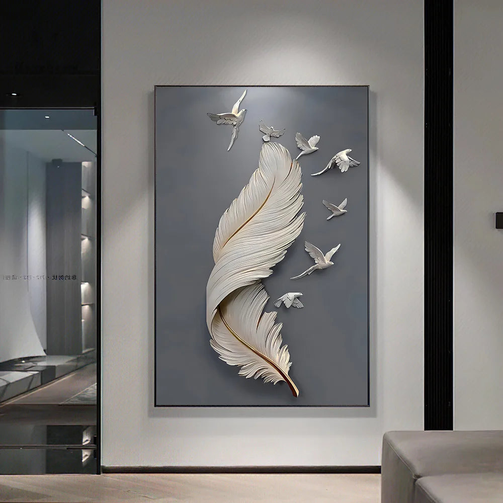 3D Effect Feather Pigeon Canvas Painting Modern Wall Art