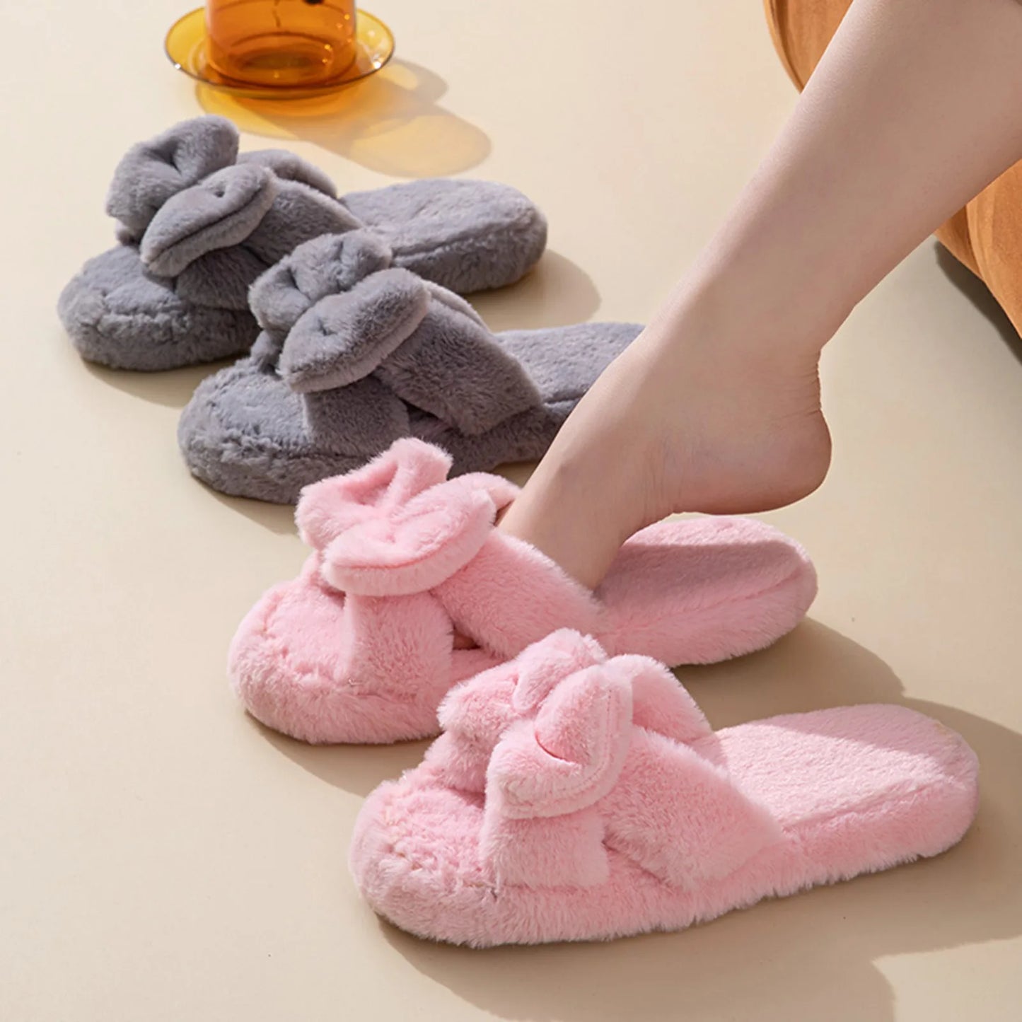 Korean Cute Open Toe Slipper with Vintage Fluffy Bow