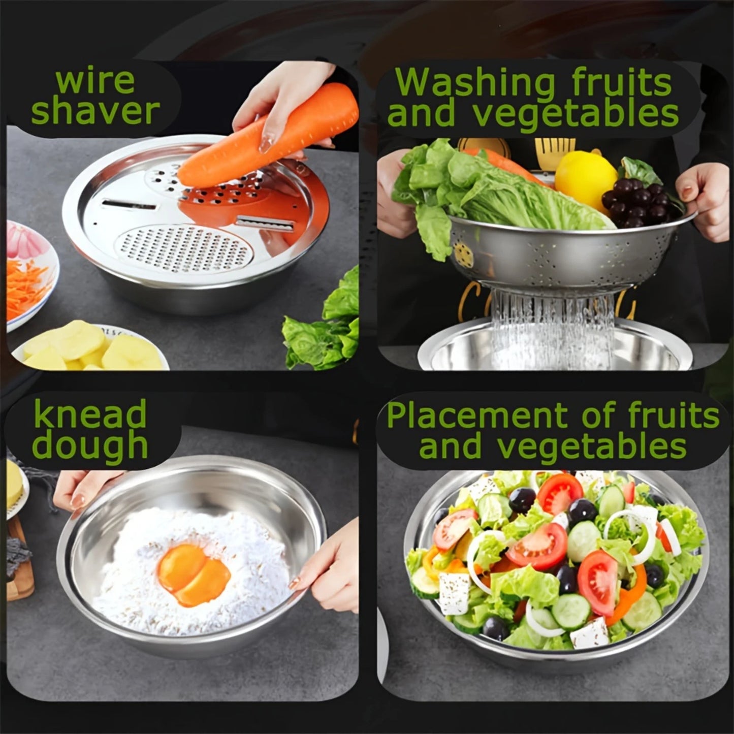 Stainless Steel Kitchen Set Manual Grater, Colander & Rice Washer