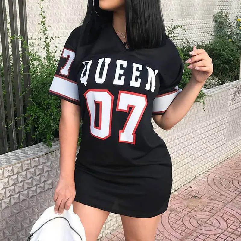 V-Neck Queen Letters Print Dress Short Sleeve Basketball Sporty