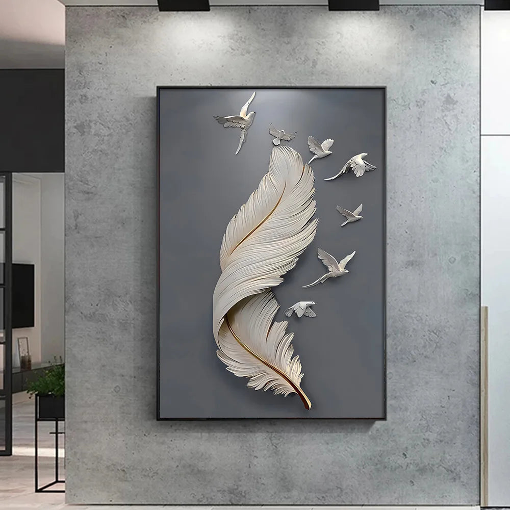 3D Effect Feather Pigeon Canvas Painting Modern Wall Art