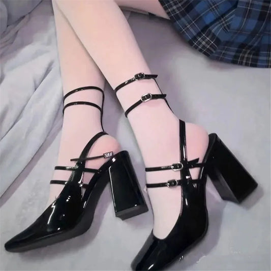 Leather Square Toe Buckle Sexy Mary Jane Party Shoes