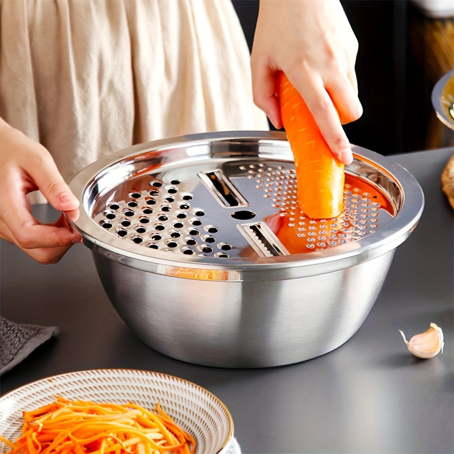 Stainless Steel Kitchen Set Manual Grater, Colander & Rice Washer