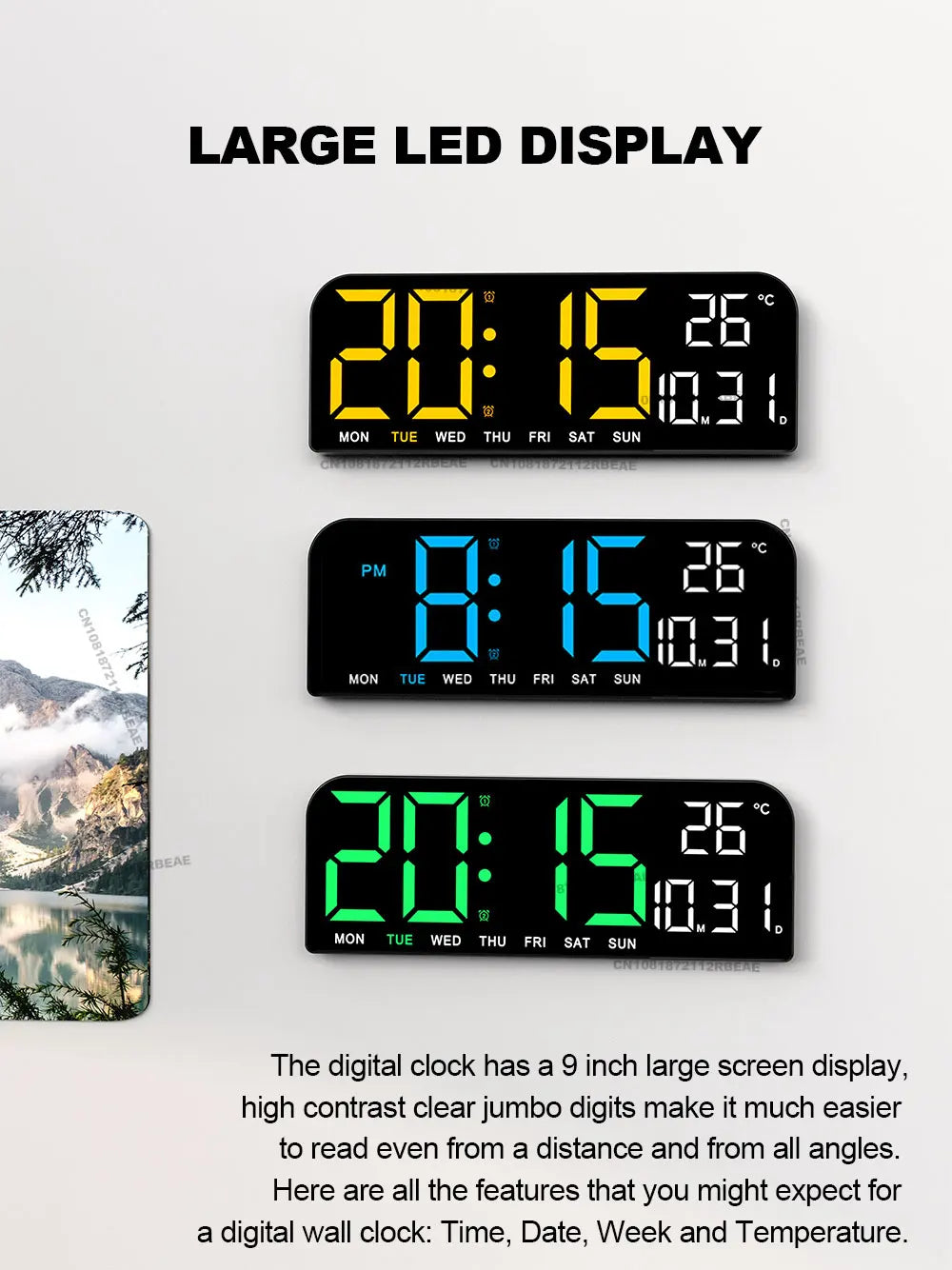 Large Digital Wall Clock Temperature and Date Week Display