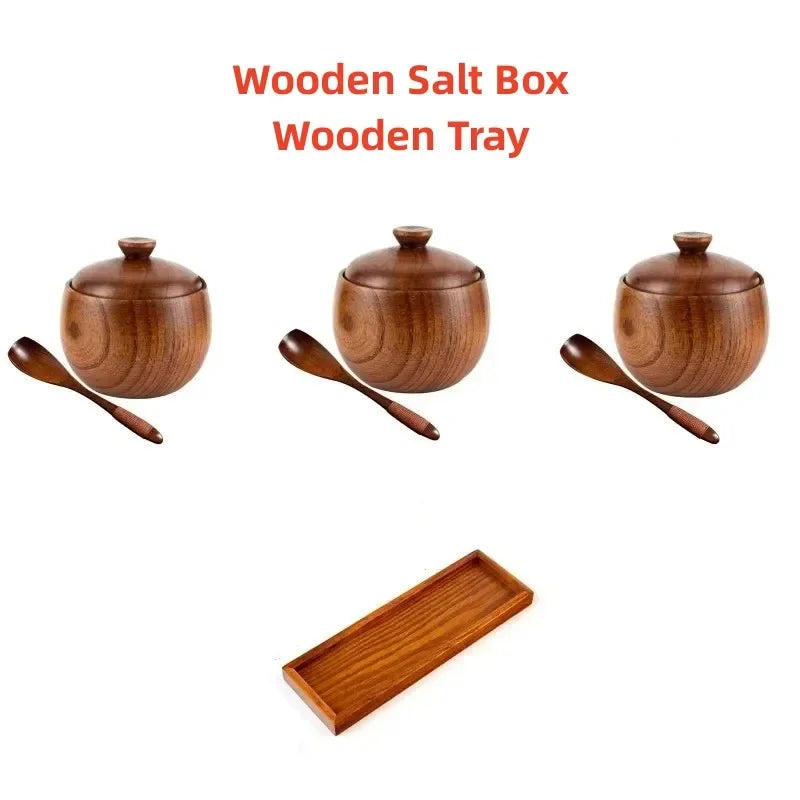 1/2/3pcs Wooden Sugar Spice Pepper Seasoning Box with Wooden Tray