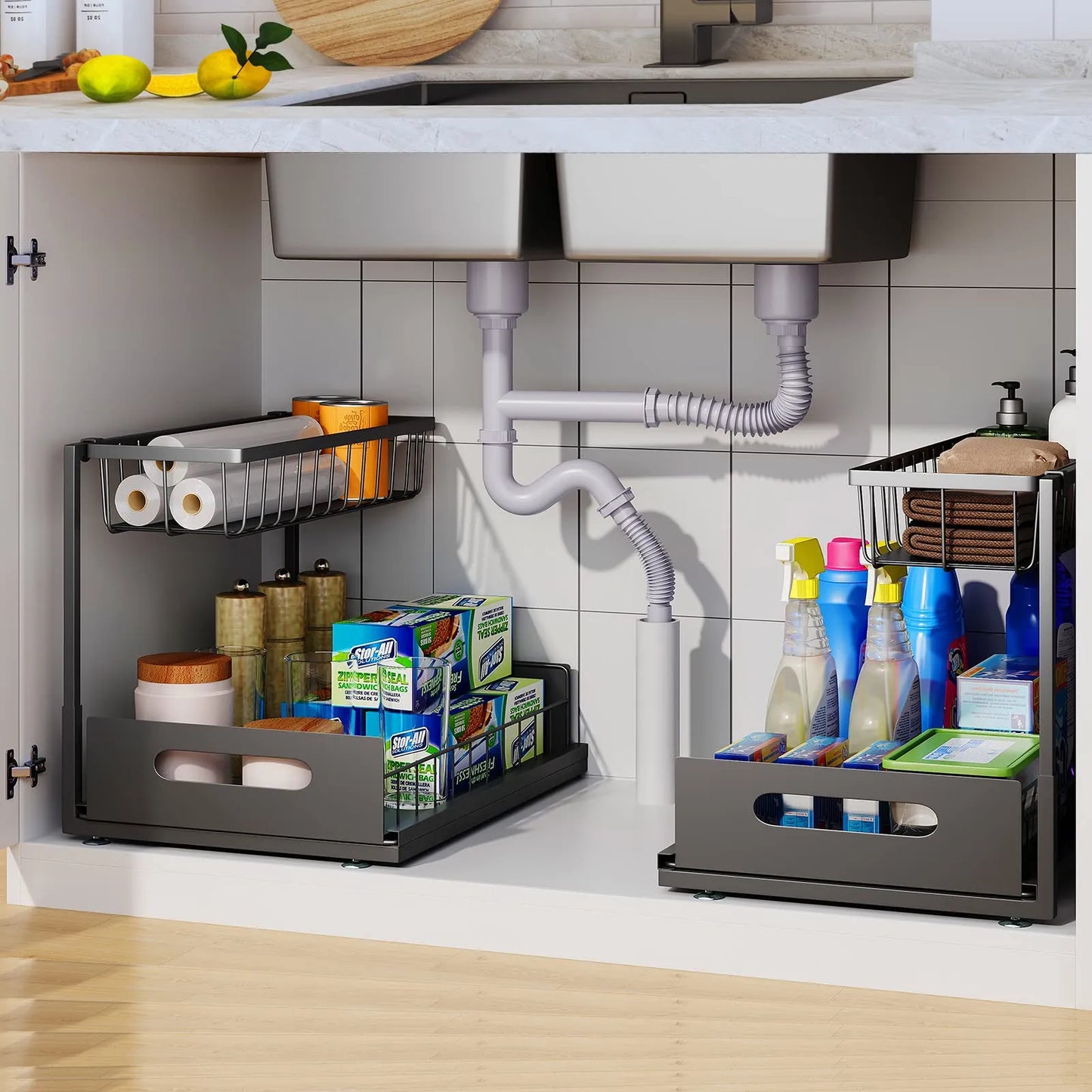 Under Sink 2 Tier Sliding Cabinet Basket Organizer