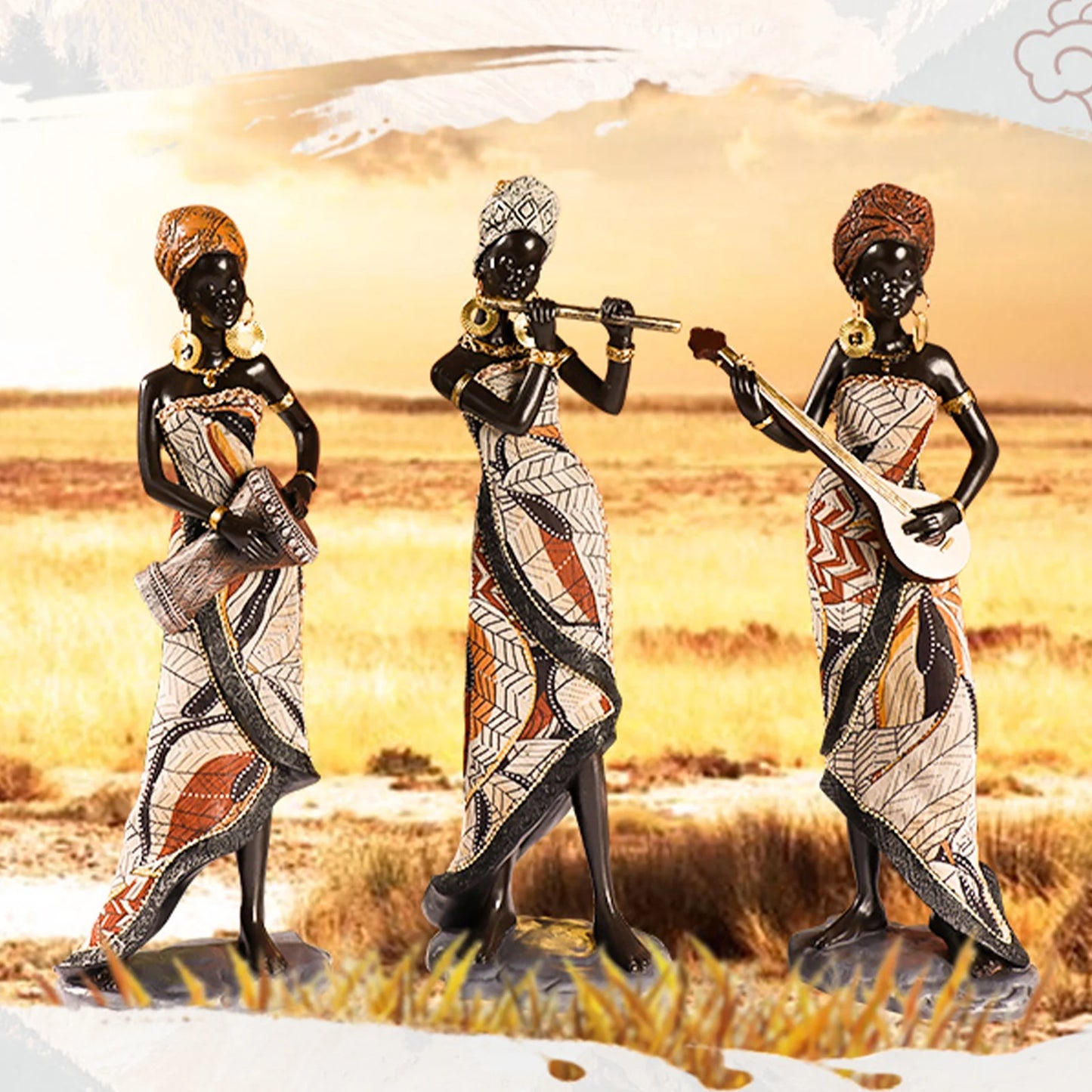 Resin African Female Figurine Musical Instrument Statue Ornaments