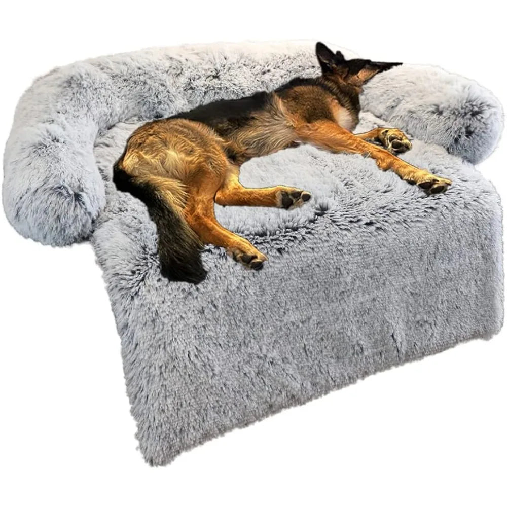 Fluffy plush dog mat for furniture protection with removable washable lid