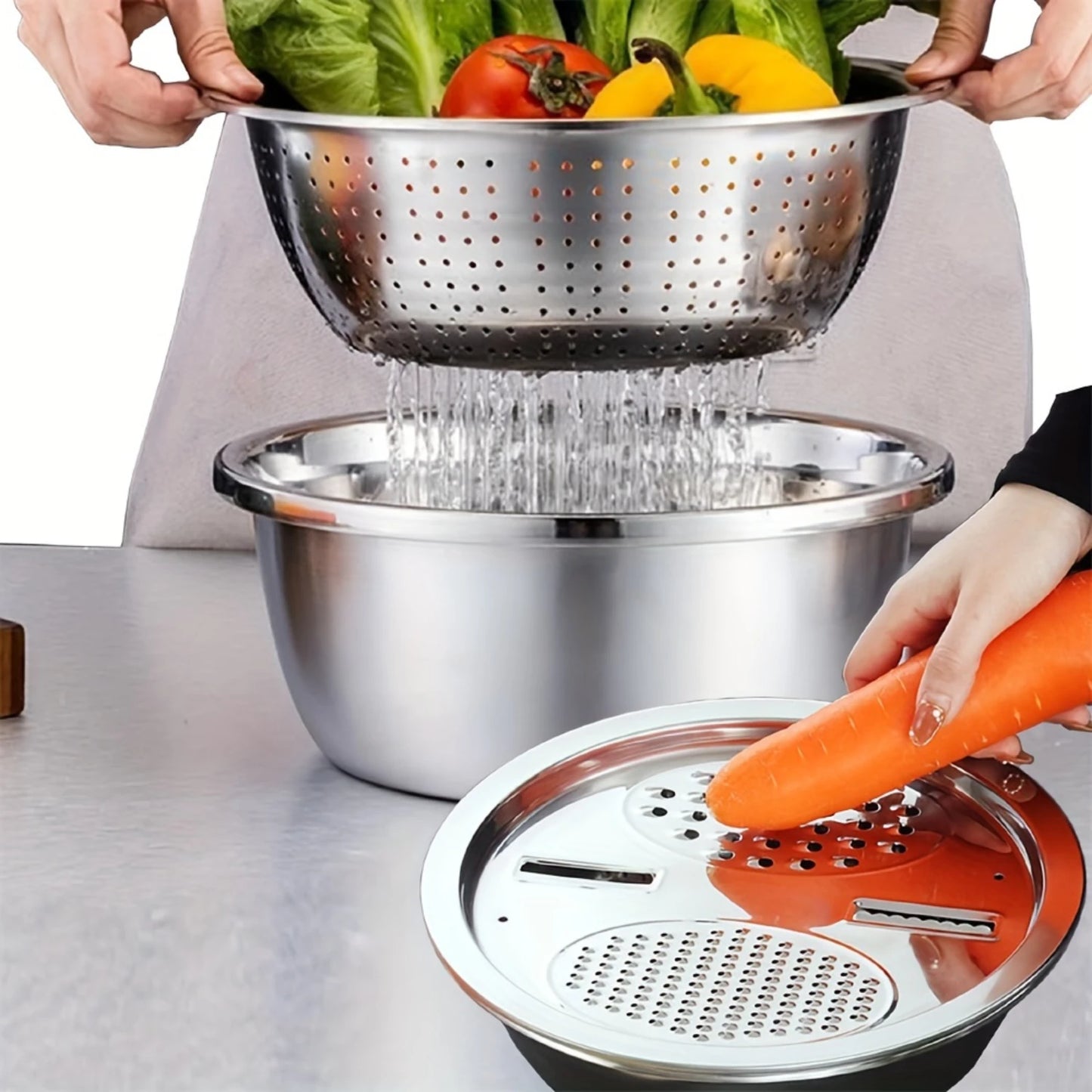 Stainless Steel Kitchen Set Manual Grater, Colander & Rice Washer