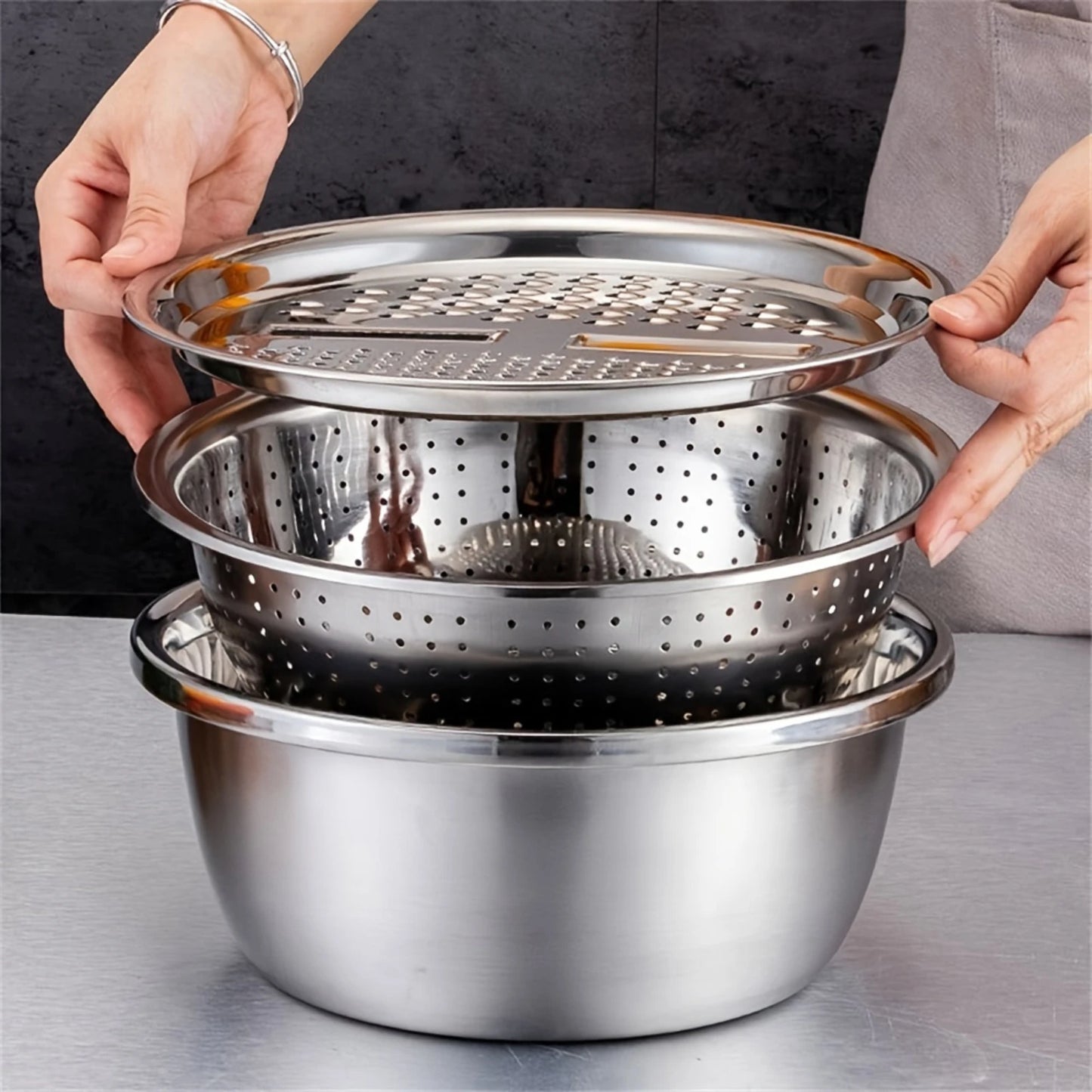 Stainless Steel Kitchen Set Manual Grater, Colander & Rice Washer