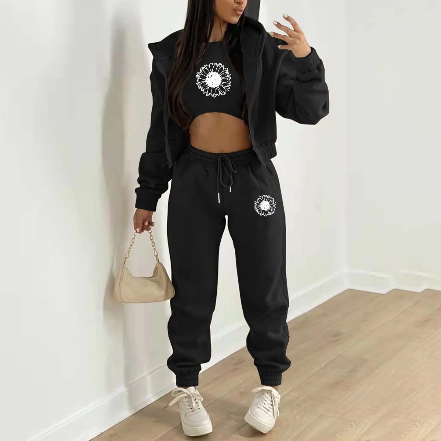 Women's Hooded Sweatshirt+Tank Top+Pants Set