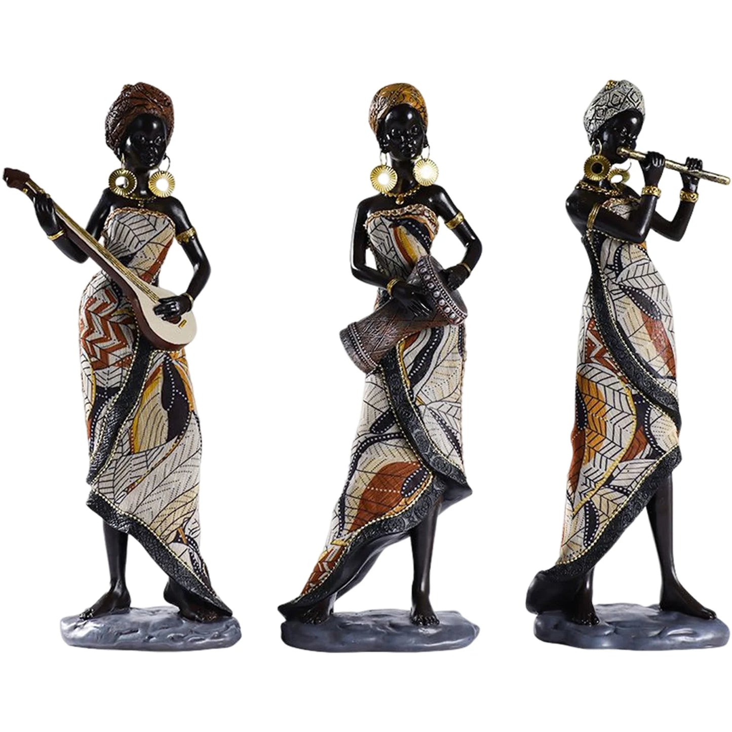 Resin African Female Figurine Musical Instrument Statue Ornaments