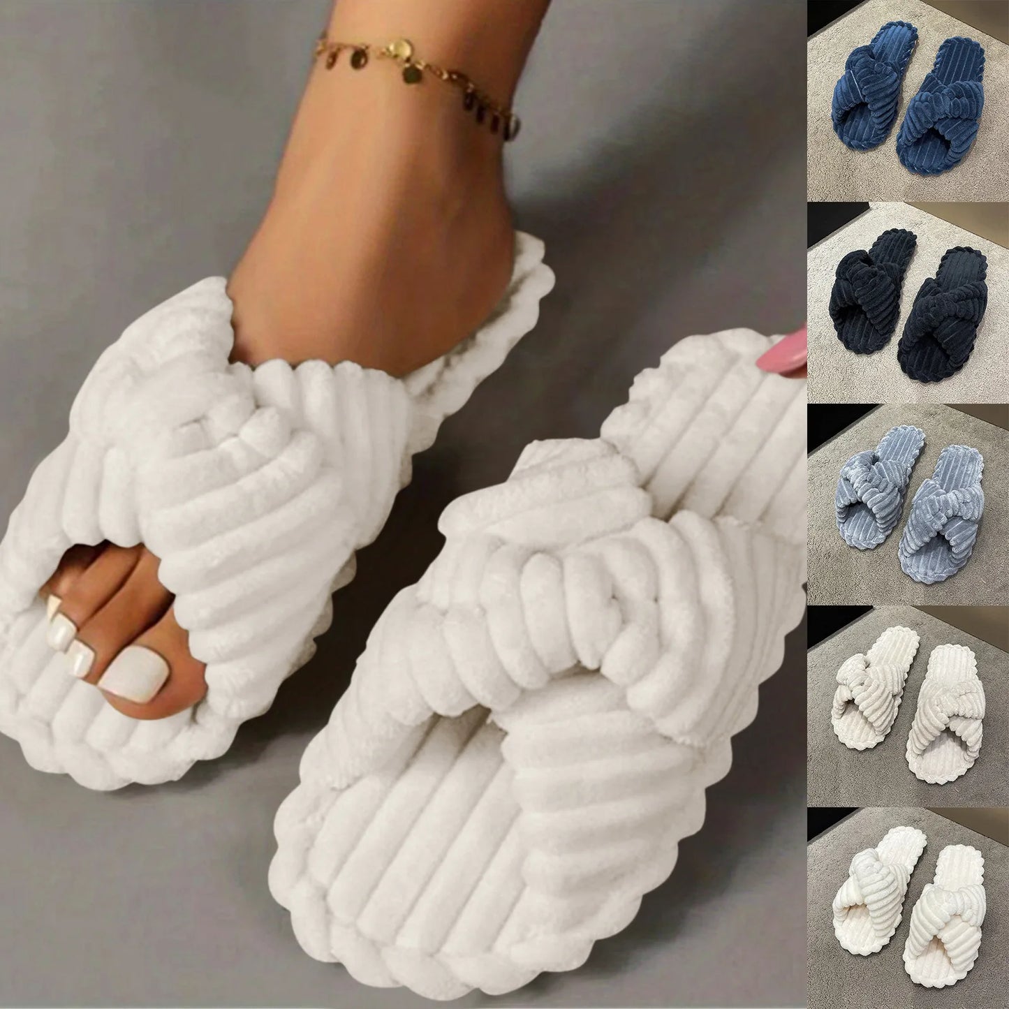 Autumn Cross Band Plush Slippers For Women