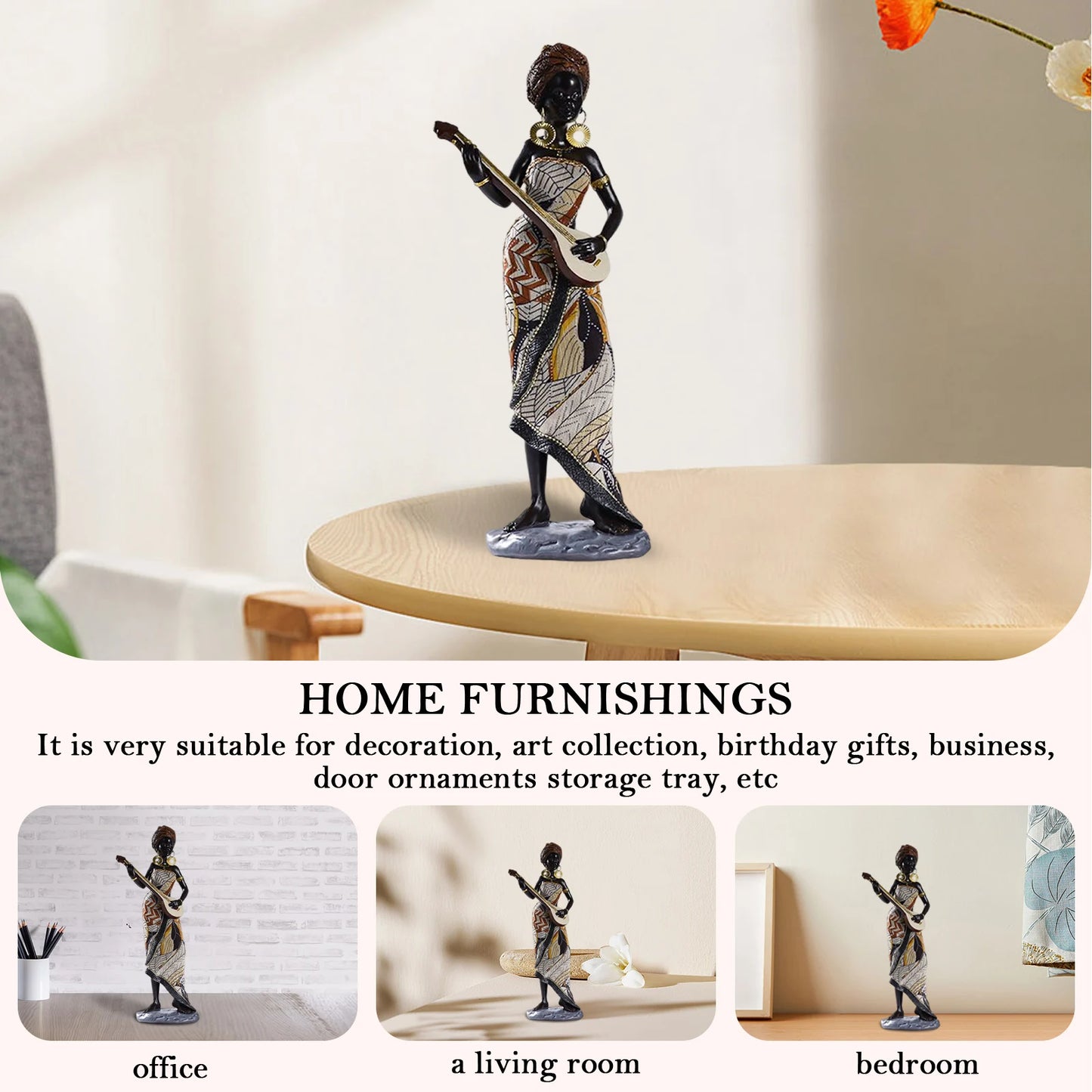 Resin African Female Figurine Musical Instrument Statue Ornaments