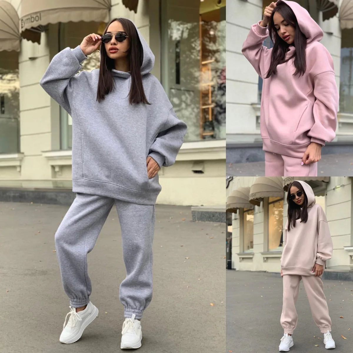 Women Fleece Two Piece Elegant Solid Color Sports Suit