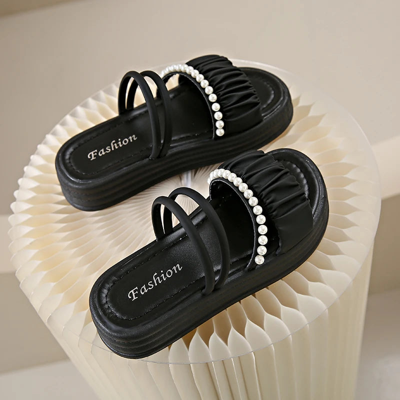 Women Flat Pearls Open Toe Slides