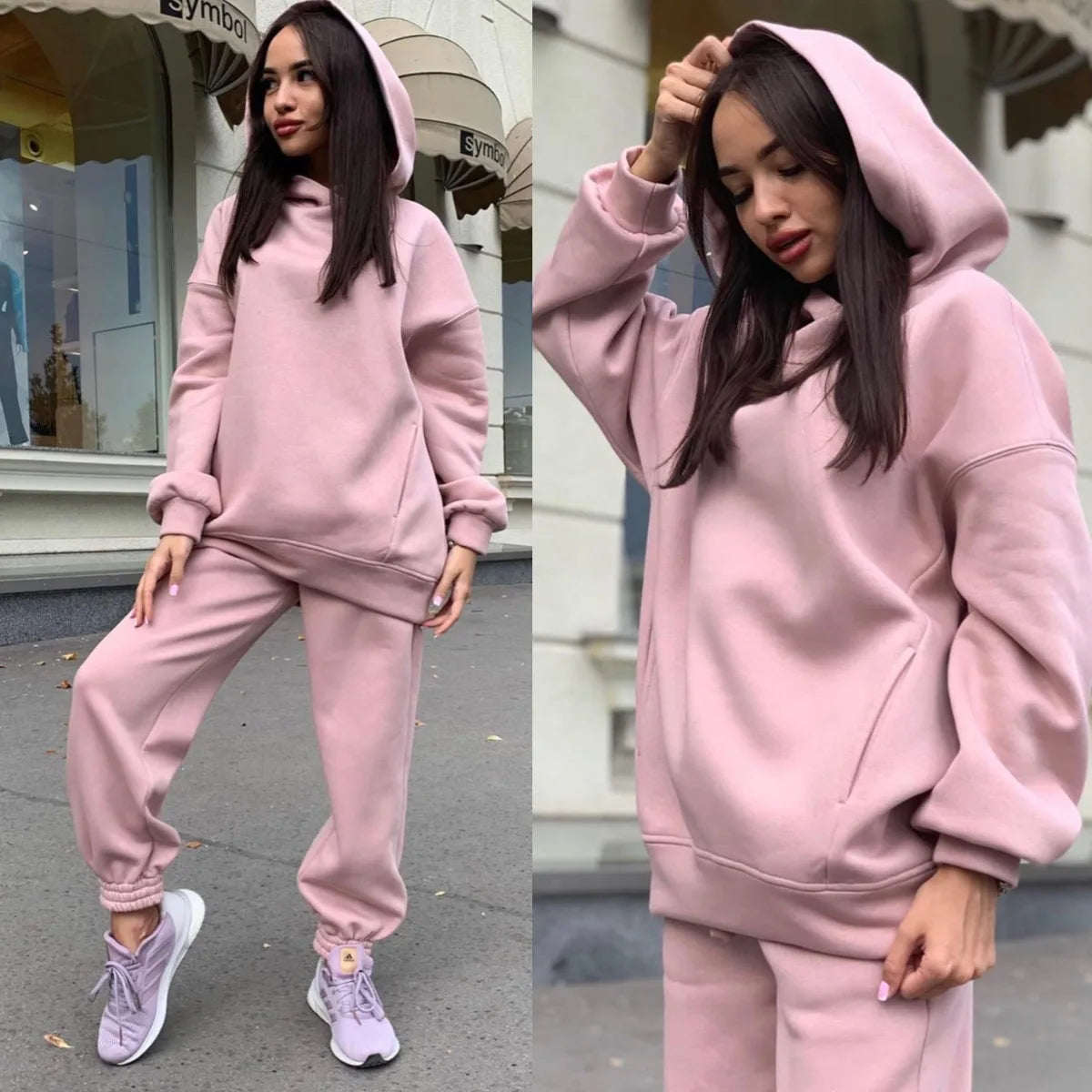 Women Fleece Two Piece Elegant Solid Color Sports Suit