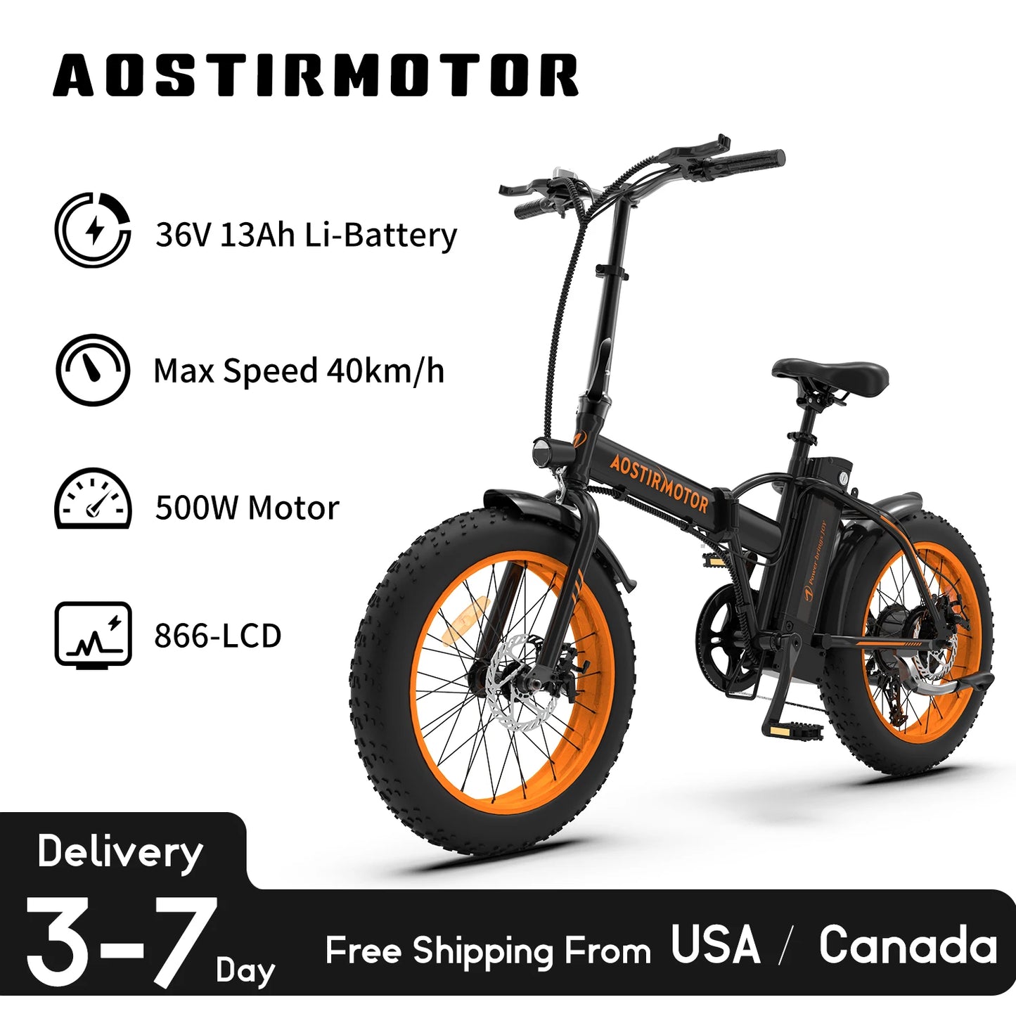 AOSTIRMOTOR 500W Ebike Folding Lithium Battery 36V 13Ah