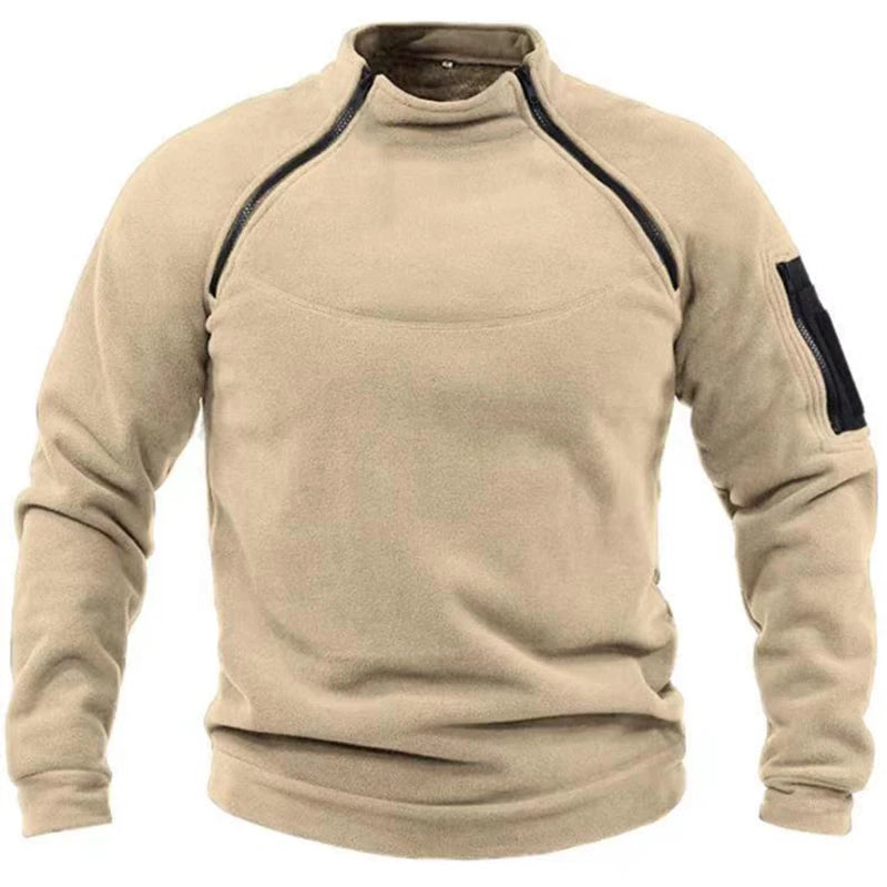 Men's Standing Collar Fleece Pullover Solid Color Tactical Jacket