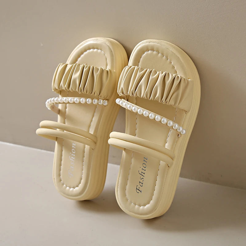 Women Flat Pearls Open Toe Slides