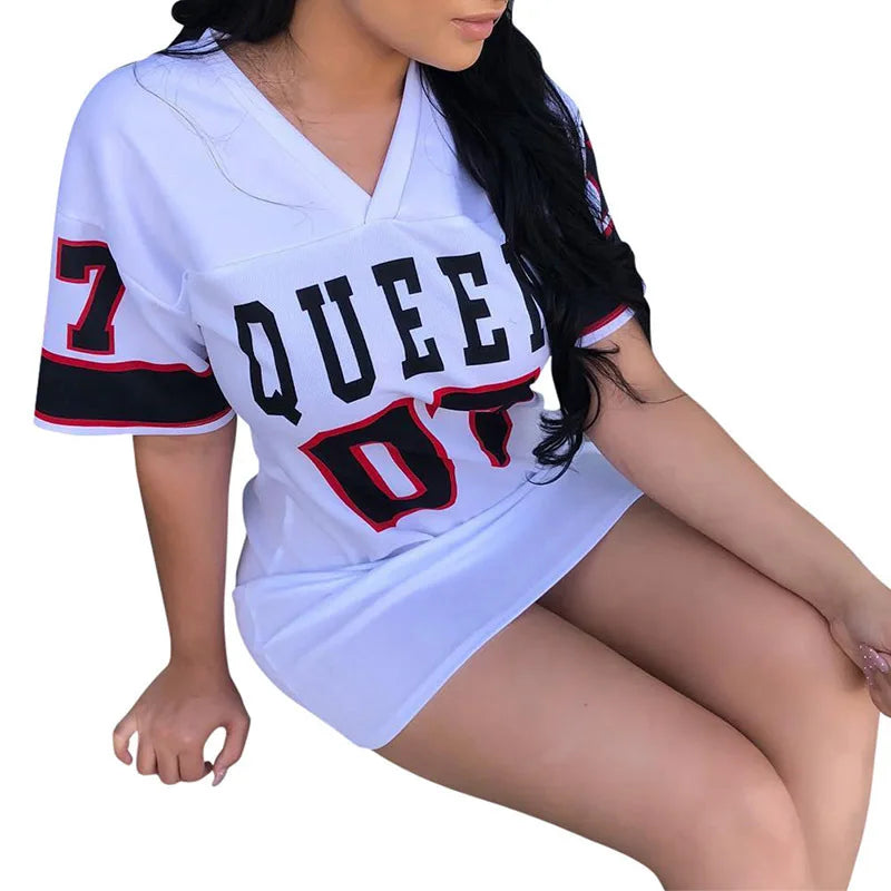 V-Neck Queen Letters Print Dress Short Sleeve Basketball Sporty