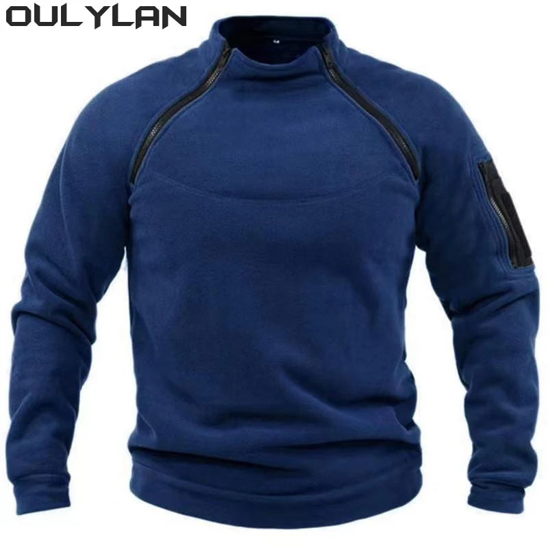 Men's Standing Collar Fleece Pullover Solid Color Tactical Jacket