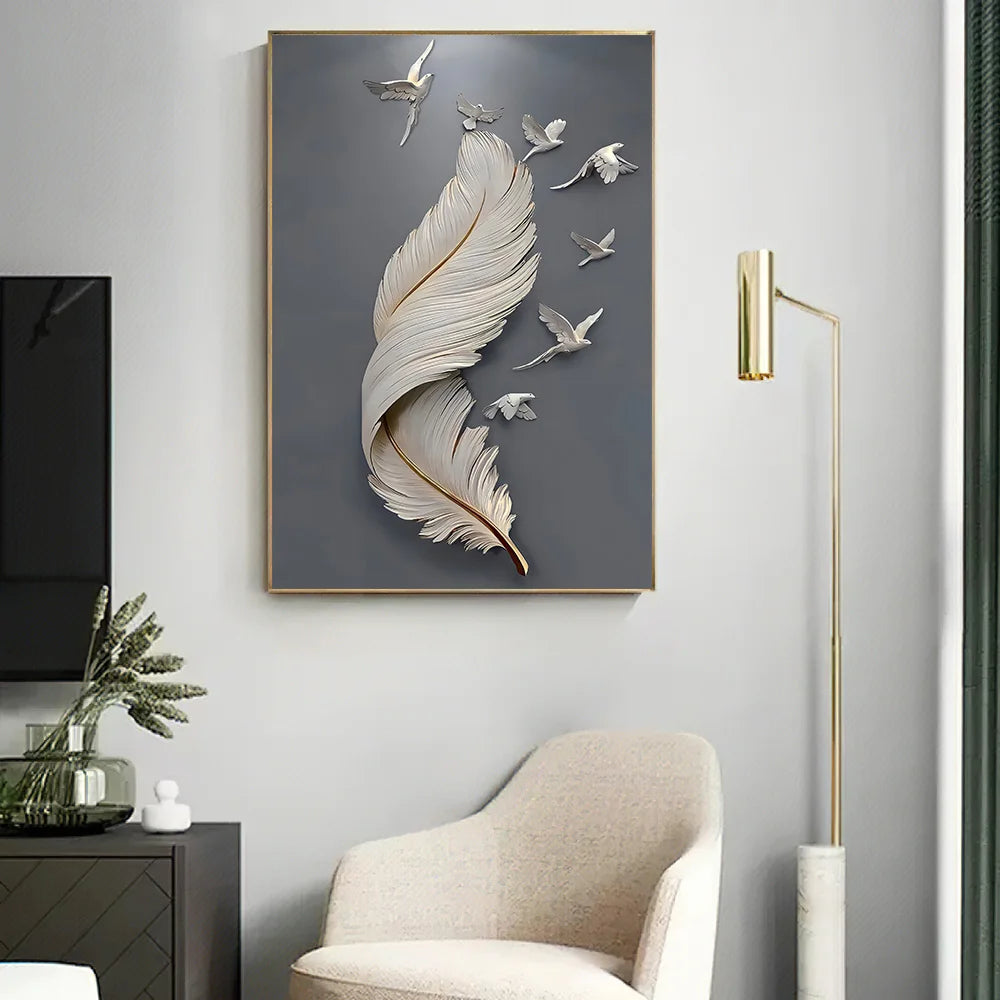 3D Effect Feather Pigeon Canvas Painting Modern Wall Art